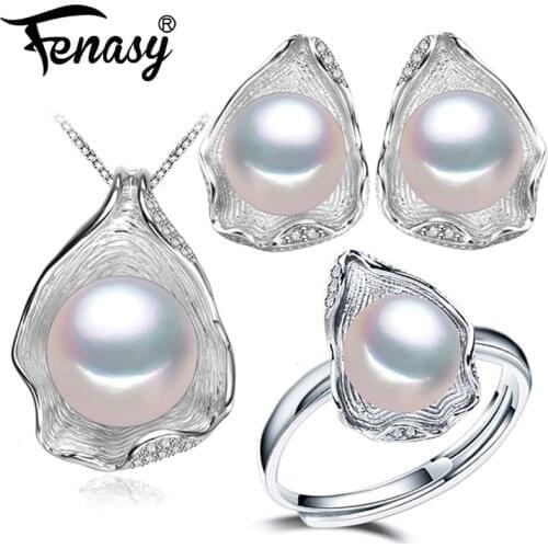 FENASY Natural Pearl Jewelry Sets For Women Bohemian Shell pendant necklace 925 sterling silver stud earrings party ring