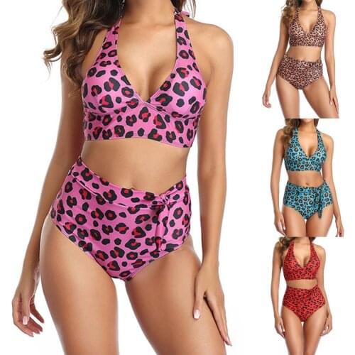 Women Leopard Print Swimsuit Halter Bra High Waist Briefs Swimwear Bikini Set ropa verano mujer playa