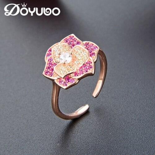 DOYUBO Rose Gold Sterling Silver Flower Finger Ring With Colorful Zircon Womens Adjustable Size Silver Ring Fine Jewelry VB451