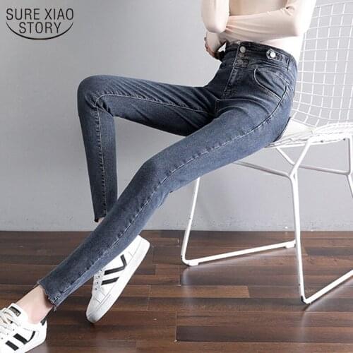 2021 Autumn Fashion Buckle Button Jeans Women High Waist Jeans New Elastic Slim Tight Pencil Pants Black Gray Skinny Jeans 10836