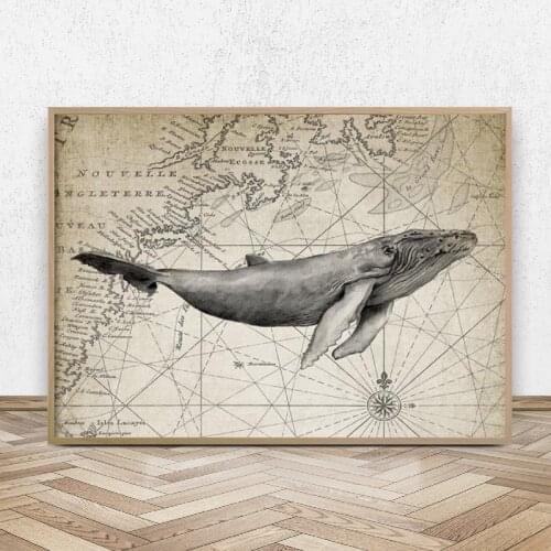 Humpback Whale Watercolor Painting Upon Map Background Print Vintage Poster Canvas Prints Picture Bathroom Wall Art Decor
