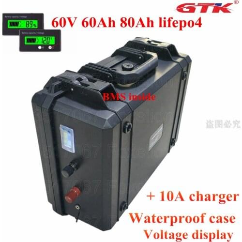 GTK 60V 60Ah 80Ah 64V lifepo4 portable wheel trolley case BMS IP67 IK08 for power tools e-bike tricycle not li-po + 10A charger
