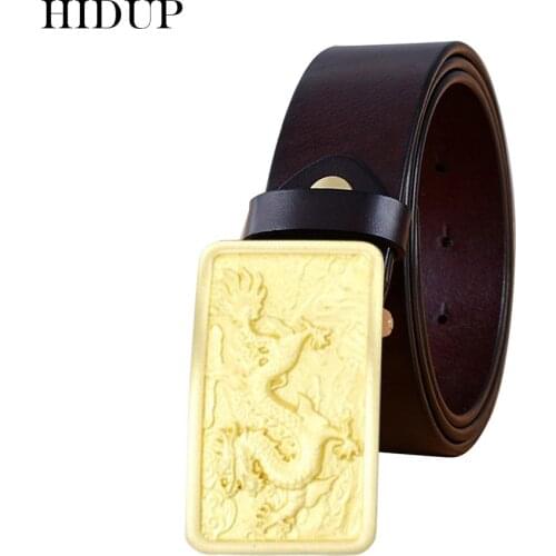 HIDUP Chinese Dragon Pattern Gold Brass Buckle Belt Men Top Quality Solid Cowhide Leather Belts Clothing Accessories NWWJ127