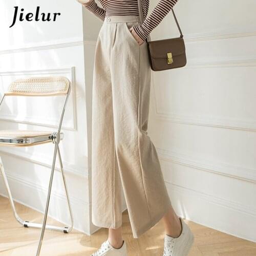 Jielur Fashion New Wide Leg Pants Women Cotton Linen High Waist Pants Solid Color Pockets Black Khaki Trousers S-XXL Spring 2021