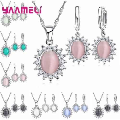 Women 3pcs/set Necklace Earrings Sets With Zircon Big Temperament Oval Opal Pendant 925 Silver Jewelry Sets Bohemian Style