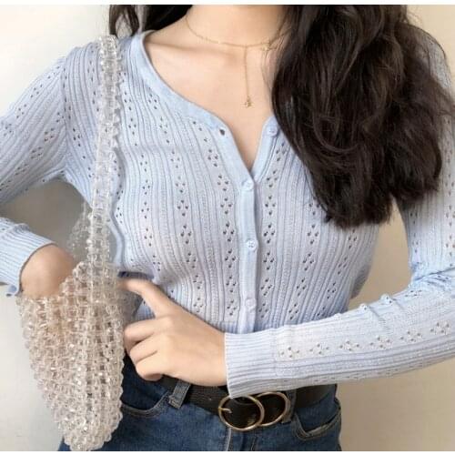 French Retro V-neck Blouse Hollow Long-sleeved Short Knitted Cardigan Spring and Summer Thin Casual Temperament Short Jacket