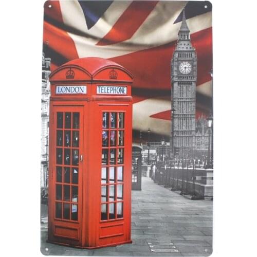 Metal Wall Sign Big Ben and Telephone Booth Retro City Landscape Wall Decoration Old-fashioned Art Square Metal Sign 8X12 Inches