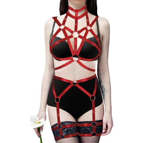 Underwear Suspenders Women Harness Body Bongage Cage High Collar Set Goth Sexy Erotic Lingerie Stockings Garter Belt Club Rave