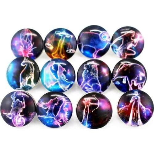 New novelty 50pcs/lot twelve constellations Snap Button Print Glass Snap Charms Fit 18mm DIY Ginger Snap Bracelet Jewelry