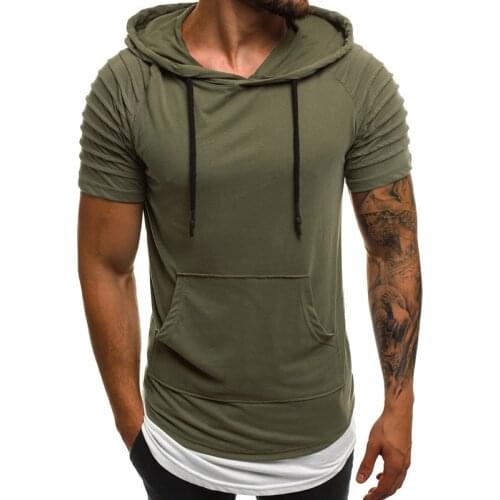 New Summer Solid Casual Fashion Short Sleeves Pleated Men Hoodies Sweatshirt Pullover Slim Clothing Retro Male Streetwear Tops