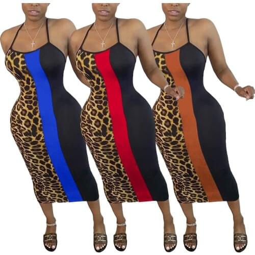 Zoctuo Sleeveless Cami Strap Midi Dress For Women Leopard Color Patchwork Slim Fashion Dress Backless Sexy Skinny Dress