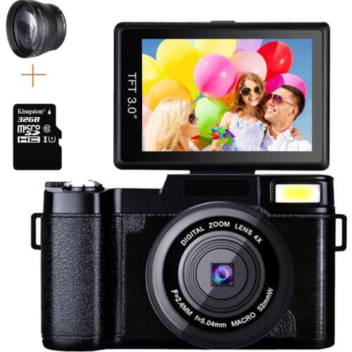 Professional 24MP Video Camera 4X Zoom Rotatable Screen Full HD 1080P Anti-shake SLR Camcorder Photo w/ Wide Lens and 32GB Card