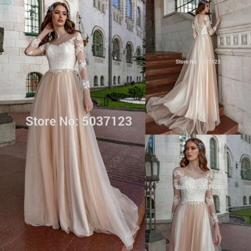 2020 Vestidos De Noiva A Line Long Sleeves Wedding Dresses Scoop Lace Appliques Buttons Back Sweep Train Wedding Bridal Gown