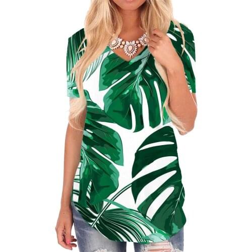 Giyu Brand Leaves T-shirt women Green T-shirts 3d Art Tshirts Printed Harajuku V-neck Tshirt Womens Clothing Punk Rock