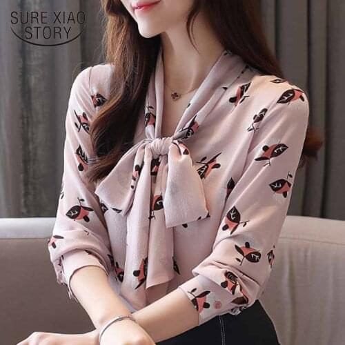 Autumn Long Sleeve women shirts casual print pink chiffon blouse women elegant bow V-neck office ladies tops top female 5370 50