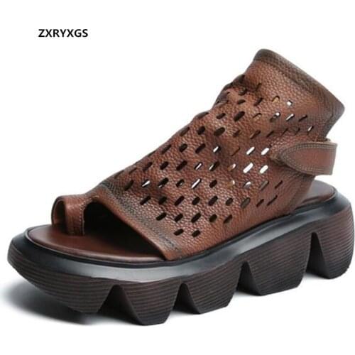 2021 Summer New Platform Non-slip Heighten Sandals Hollow Toe Strap Full Genuine Leather Shoes Roman Sandals Women Sandal Shoes
