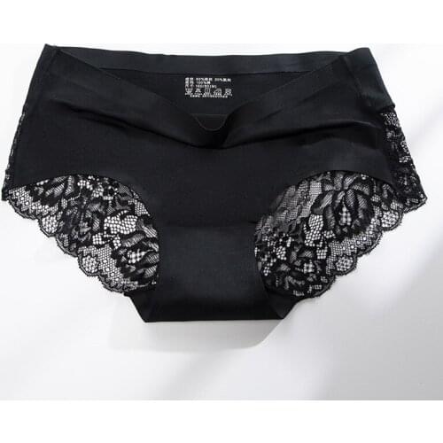 Womens Sexy Lace Panties Seamless Underwear Soft Comfortable Smooth Ice Silk Underpants Breathable Cotton Crotch Elastic Briefs