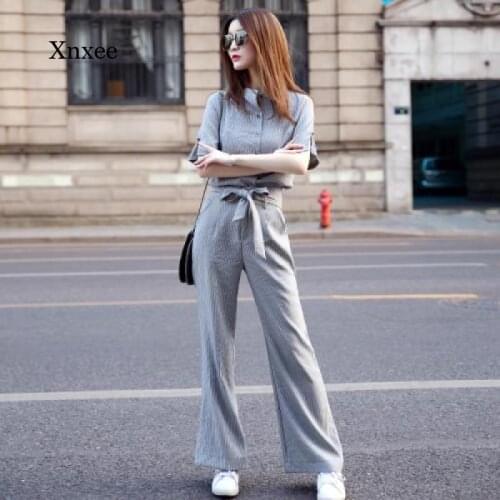 Korean Blazer Sets High Waist Wide Leg Pants Pants Suit Women Casual Blouse Trousers Woman Spring Stripe Two Piece Outfits
