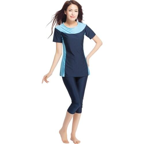Women Swimwear Muslim Two-Piece Suits Short Sleeve Splice Modest Swimming Wear Sets Islamic Swimsuits Traditional Sport Burkinis