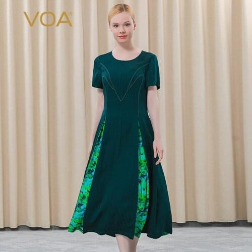 VOA 22m/m Silk Jacquard Dark Green Round Collar Short-sleeved Mid-waist Printing Colliding Dress AE530 Silk Dress for Women