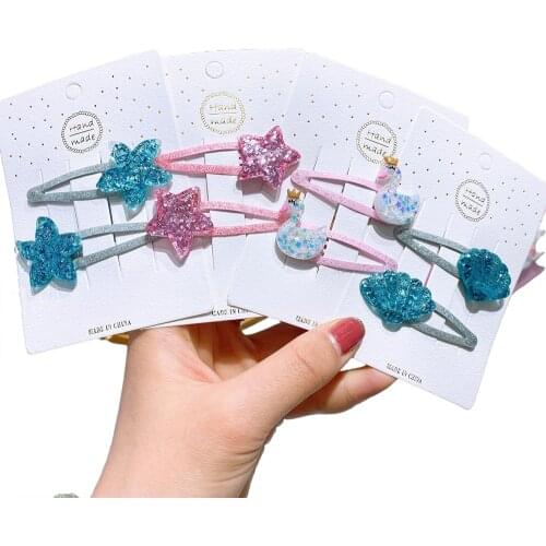 2pcs in Girls glitter epoxy shell starfish swan hair handmade snap BB BANG clip hairpins accessories decoration super quality