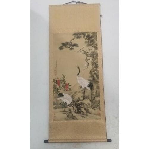 Free Shipping Chinese Calligraphy Scroll Painting "pine Trees And Crane"