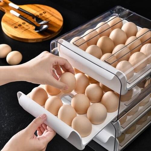Large Eggs Box Holder for Refrigerator Double-Layer 32 Gird High Capacity Egg Organizer Drawer Type Fridge Egg Tray Container
