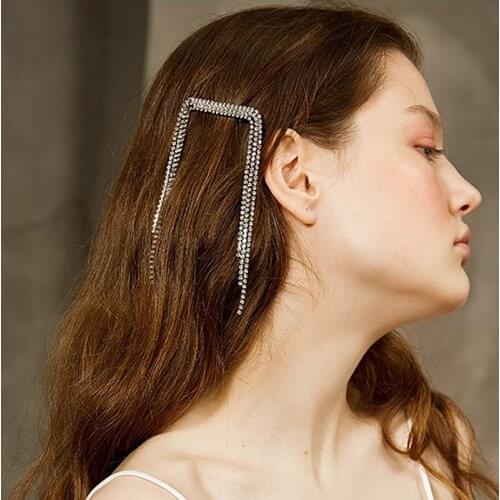 Long Silver Hair Clip Barrettes Bridal Ornament Brooches PinsWedding Hair Accessories Women Trendy Full Crystal Tassel Hairpins