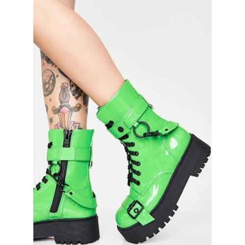 Fluorescent Green Punk Booties Thick Heel Round Toe Metal Decor High Vamp Casual Shoes Patent Leather Street Lace Up Flat shoes