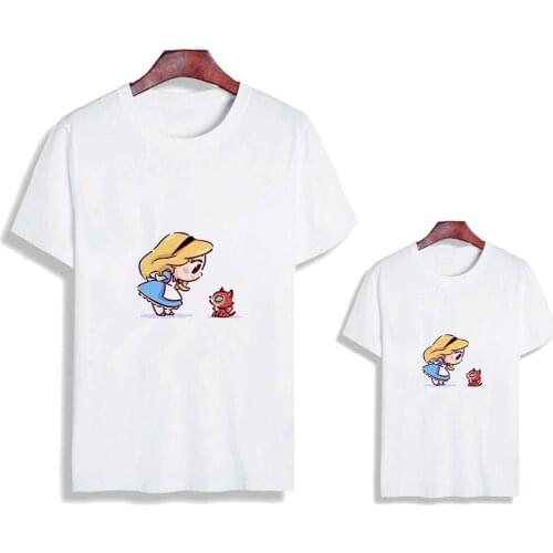 Summer Women T-Shirt Cute Cinderella Print Children Short Sleeve Tshirts Casual Mom and Daughter Tops Basic Tees Family Look