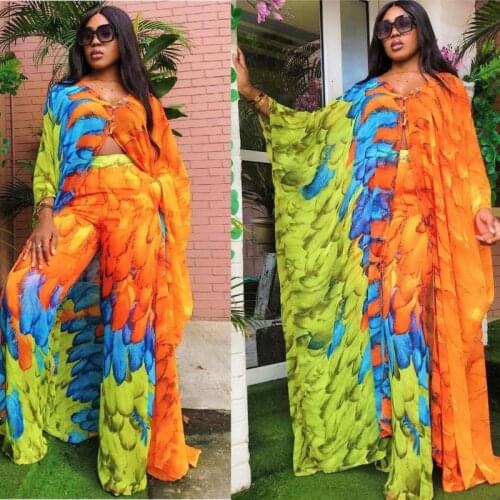 2 Piece Set African Clothes For Women Batwing Sleeve Tops And Pant Suits 2021 Summer Print Chiffon Africa Clothes Dress Outfits