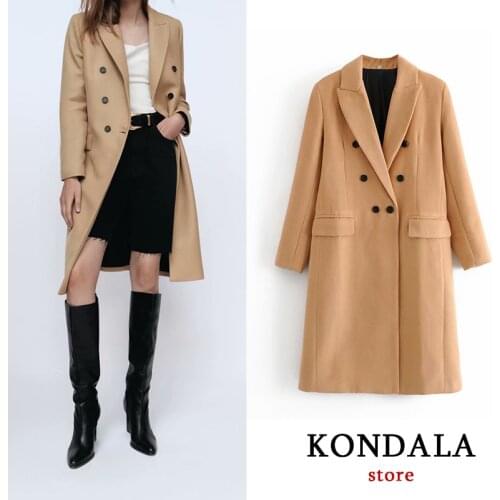 KONDALA Za 2021 Stylish Camel Woolen Long Jackets Women Winter Double Breasted Pockets Thicken Coats Female Fashion Mujer Parker