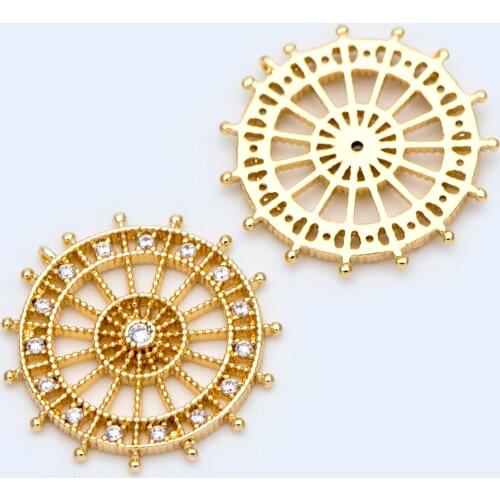 4pcs CZ paved Gold Round Charms 20mm, 18K Gold plated Brass, Filigree Pendant Connectors (GB-1018)