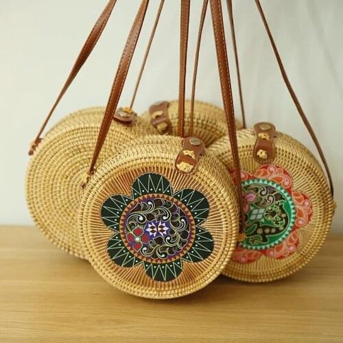 Summer Round Women Handmade Rattan Bag Colorful Flower Pattern Circle Beach Totes Female MessengerKnitting Straw Handbags