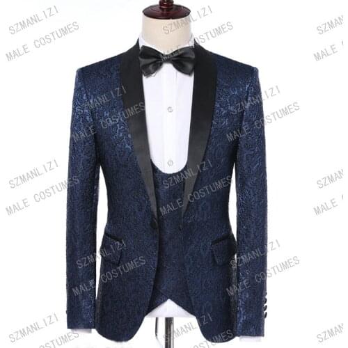 Costume Homme 2019 Terno New Designer Real Photo Navy Blue Paisley 3 Piece Suit Men Slim Fit Tuxedo Formal Wedding Suits For Men