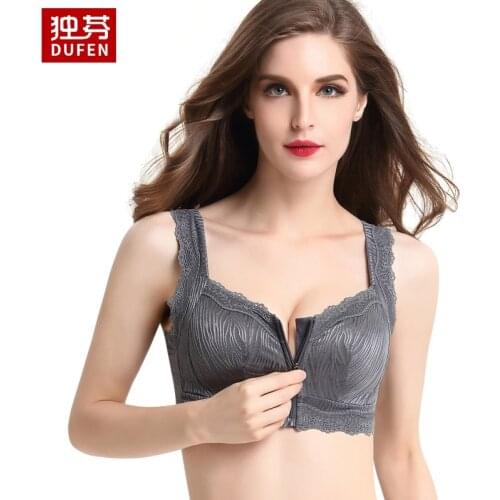 1755 Front Buckle Zipper Bra New Large Size Lace Full Cup Sleep Cotton Coaster No Steel Ring Gathered Underwear Female