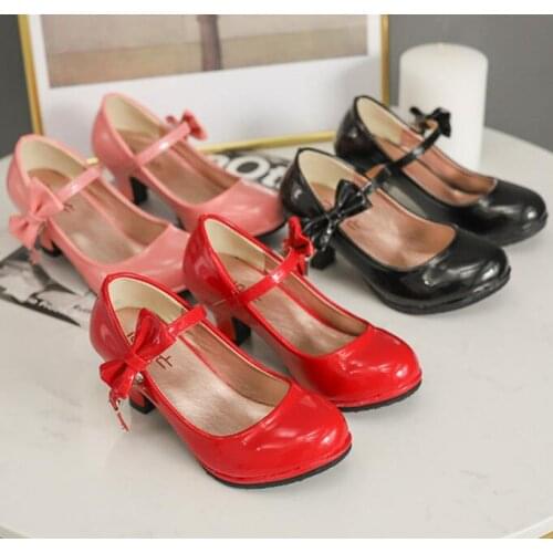 2020 New hot sale princess leather dance shoes girls party bow shoes shiny Solid Red color high-heeled fashion shoes for kids