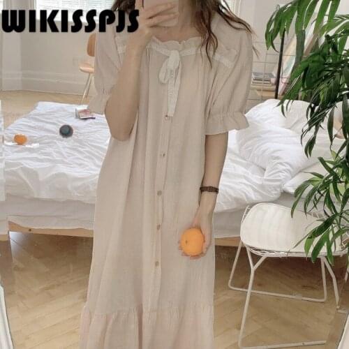 WIKISSPJS 2021 Summer New Palace Style Lace Stitching Bow Nightdress with Square Collar and Pure Cotton Sleeping Dress