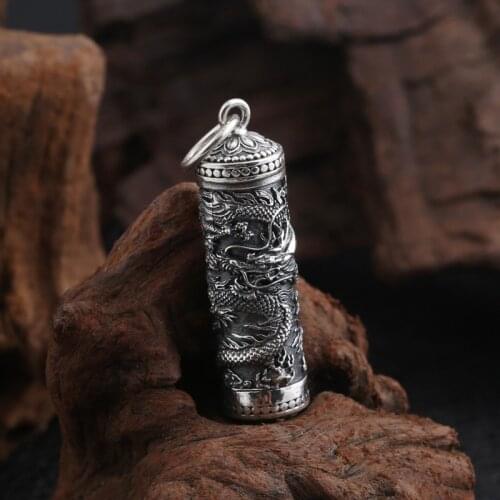 Wholesale S925 Sterling Silver Trend Tenglong Pattern Black Box Pendant Vintage Thai Silver Men And Women Pendant