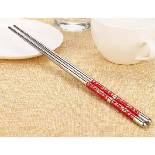 Chopsticks Chinese Natural Japanese Chopsticks Set 1Pair Length White Flower Pattern Stainless Steel Chopsticks