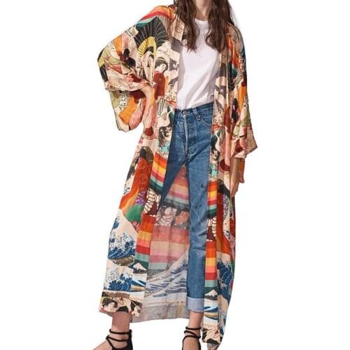 Beach Dress Long Sleeve Print Robe Women 21 Summer Loose Casual Oversized Beachwear Fashion Cover-Ups Female Feminina CX1468
