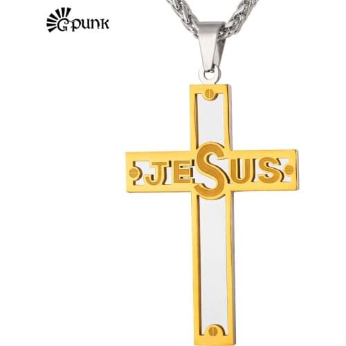 Cross Necklace Jesus Christian Men Jewelry 316L Stainless Steel yellow Gold color Classic Two Tone Gold color Pendant P1616G