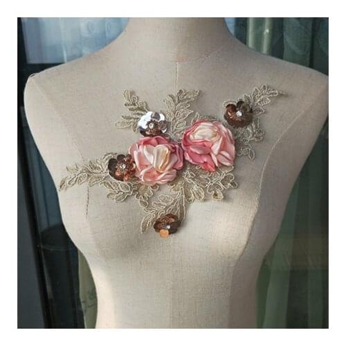 Size28*17cm (2pcs/lot) Pretty Gold Embroidered 3D Lace Flower Lace Applique ,Lace Patch DIY Sweater T-shirt Denim Pants