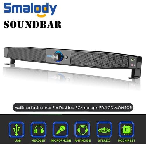 Smalody Soundbar USB Powered Speakers Home Theater 5W Stereo Subwoofer w/ Microphone Headphone Jack Support LINE IN Music Player