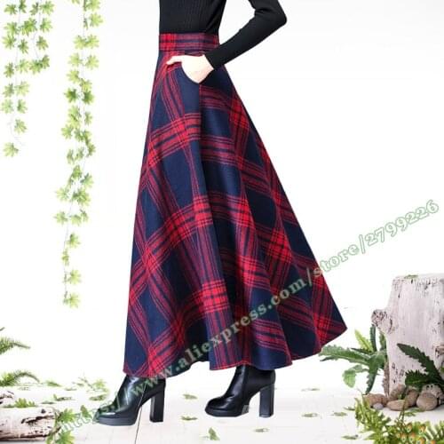 2018 Winter Warm Plus Size 6XL 5XL XXXXXXL Red Woolen Vintage Fashion casual Female Plaid High Waist Maxi Long Skirts Womens