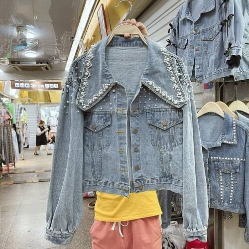 Autumn Manual Pearl Beaded Light Blue Denim Jacket Women Doll Collar Lantern Sleeve Casual Jaqueta Feminina Female Basic Coat