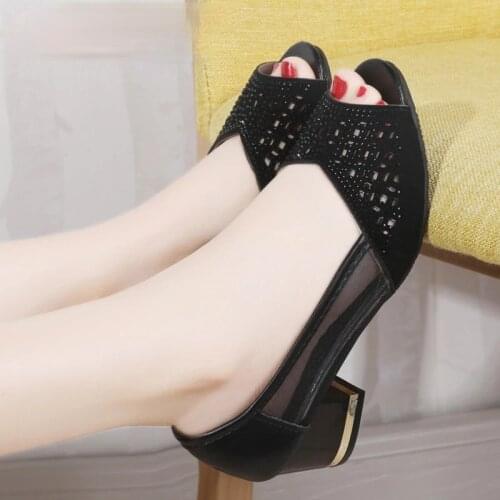 2021 Summer Woman Pumps Bling Open Toe High Heels Hollow Out Women Sandals Dress Shoes OL office Square heel mujer Ladies Shoes