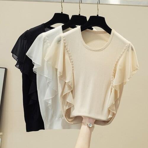 Summer Ruffle Pull Knitted Causal Tops Ladies Knitwear Fashion Jumper Solid Women Pullovers Korea Knitwear Female sweater