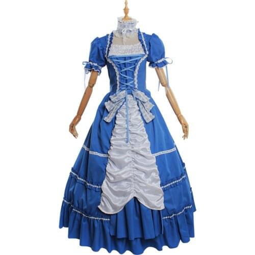 Womens Elegant Blue Short Sleeves Retro Lace Bow Ruffles Gothic Lolita Dress Halloween Costume Cosplay