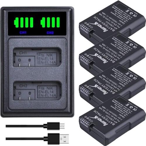 EN-EL14 EN-EL14A Battery + LED USB Dual Charger with Type C Port for Nikon D3100 D3200 D3300 D3400 D3500 D5600 D5100 D5200 P7000